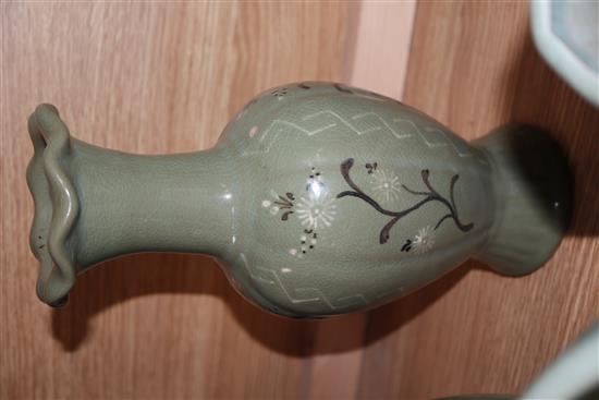 A Chinese celadon crackle glaze bowl and vase and two Korean celadon vases tallest 28cm